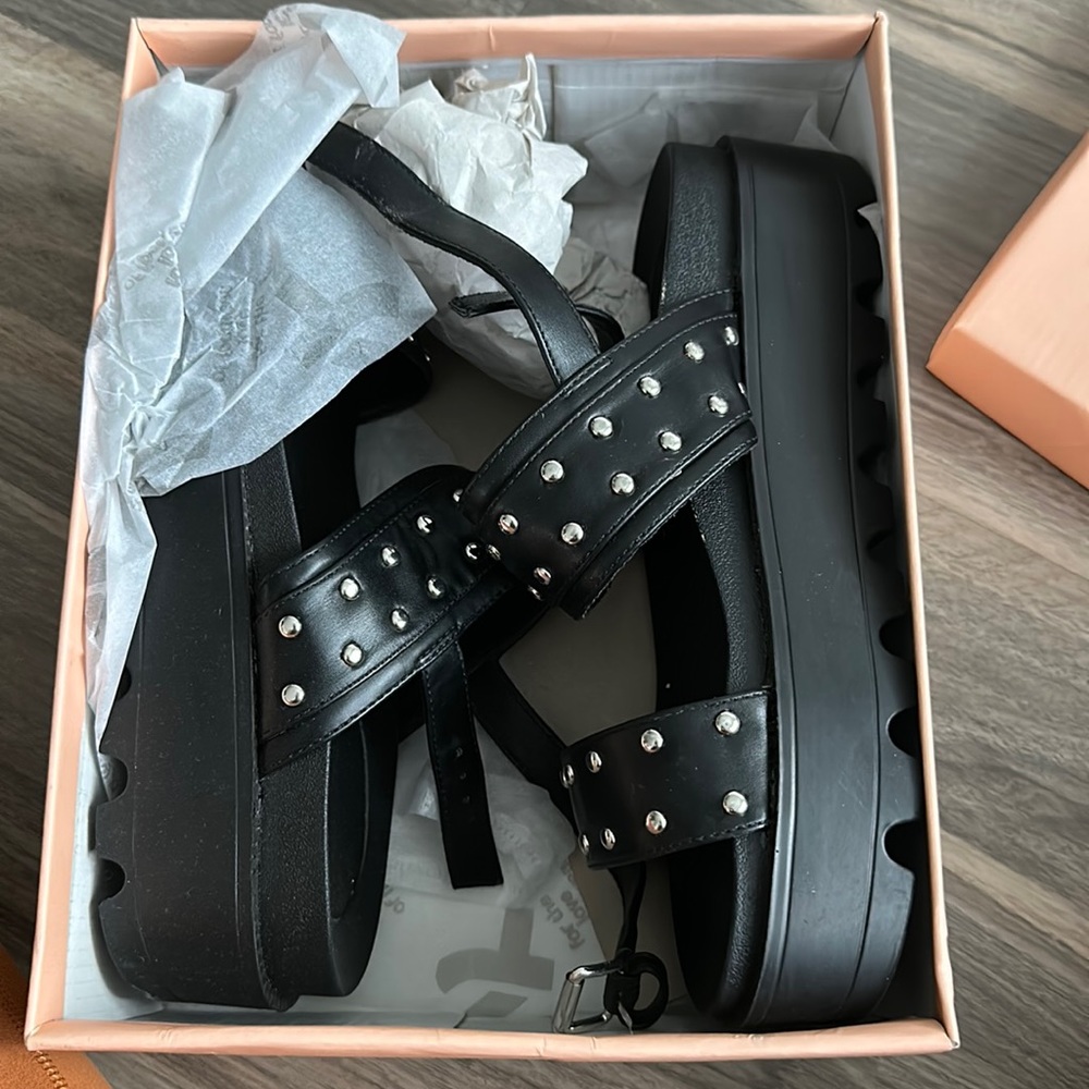 Black Studded Twin Strap Chunky Platform Sandal